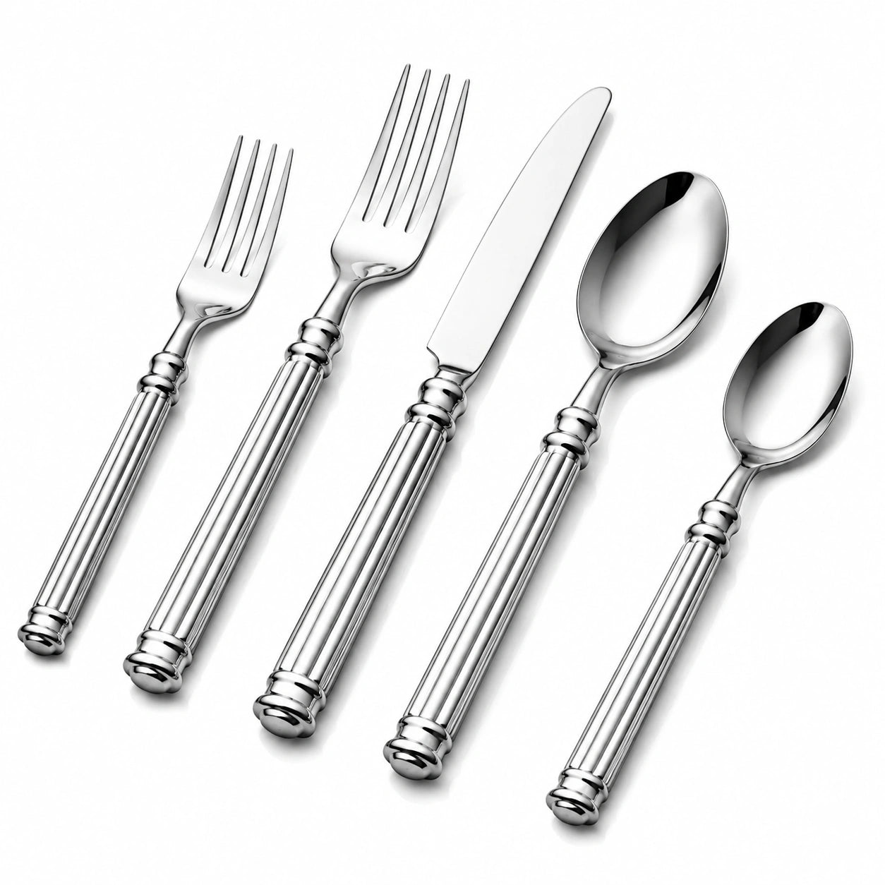 5-teiliges Edelstahl-Besteckset Silber mit geriffeltem Griff für Tischgedeck