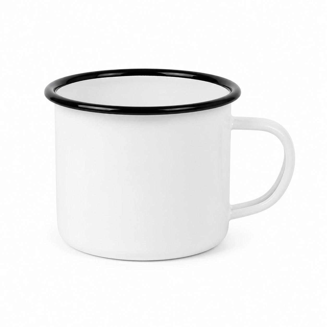 Emaillebecher 350 ml 9 cm Weiß mit schwarzem Rand - Henkelbecher für Heißgetränke