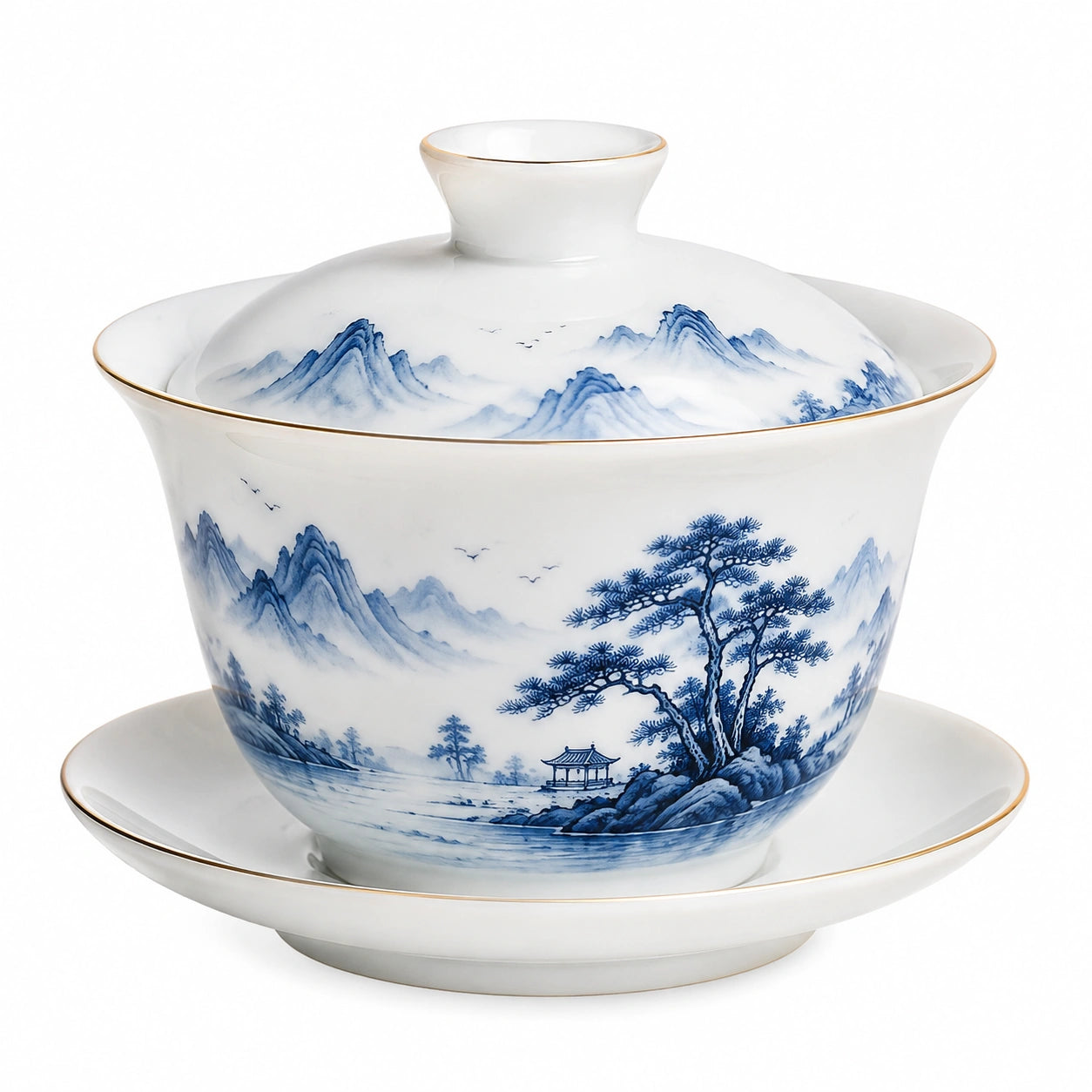 Gaiwan Teetasse 150 ml Porzellan Weiß Blau Gold mit Deckel Untertasse Landschaftsmotiv 10 cm