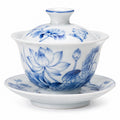 Porzellan Gaiwan Teetasse 150 ml weiß blau mit Lotusdekor und Deckel