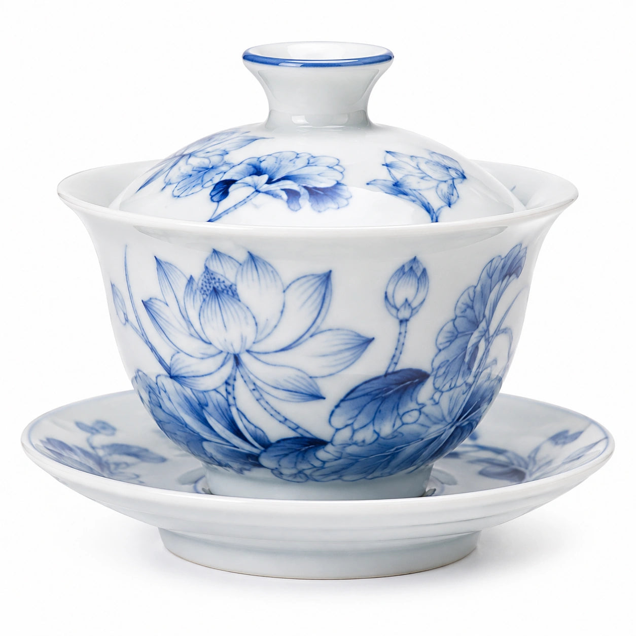 Porzellan Gaiwan Teetasse 150 ml weiß blau mit Lotusdekor und Deckel