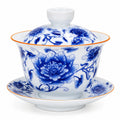 Gaiwan Teetasse aus Porzellan 200 ml Blau Weiß mit Blumenmuster