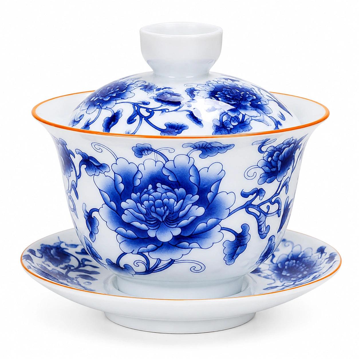 Gaiwan Teetasse aus Porzellan 200 ml Blau Weiß mit Blumenmuster