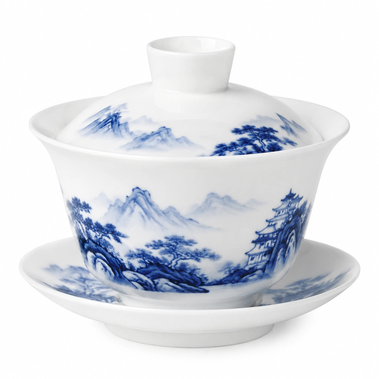 Gaiwan Teeschale 180 ml Porzellan Weiß Blau mit Deckel und Untertasse Landschaftsmotiv