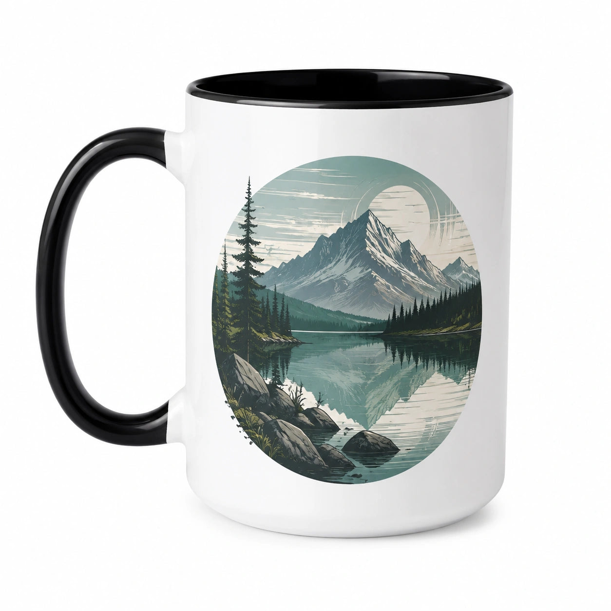 Keramiktasse 325 ml Weiß Schwarz mit Bergsee Motiv für Heißgetränke