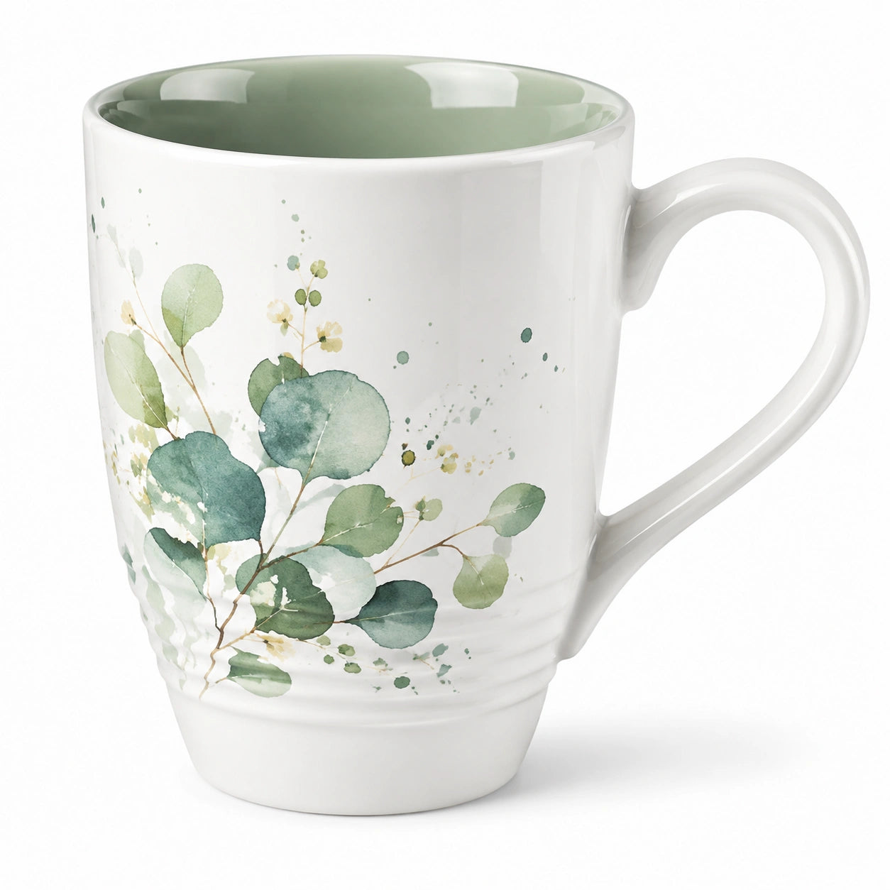 Keramiktasse 400 ml Grün Weiß mit Blättermotiv - große Henkel Tasse