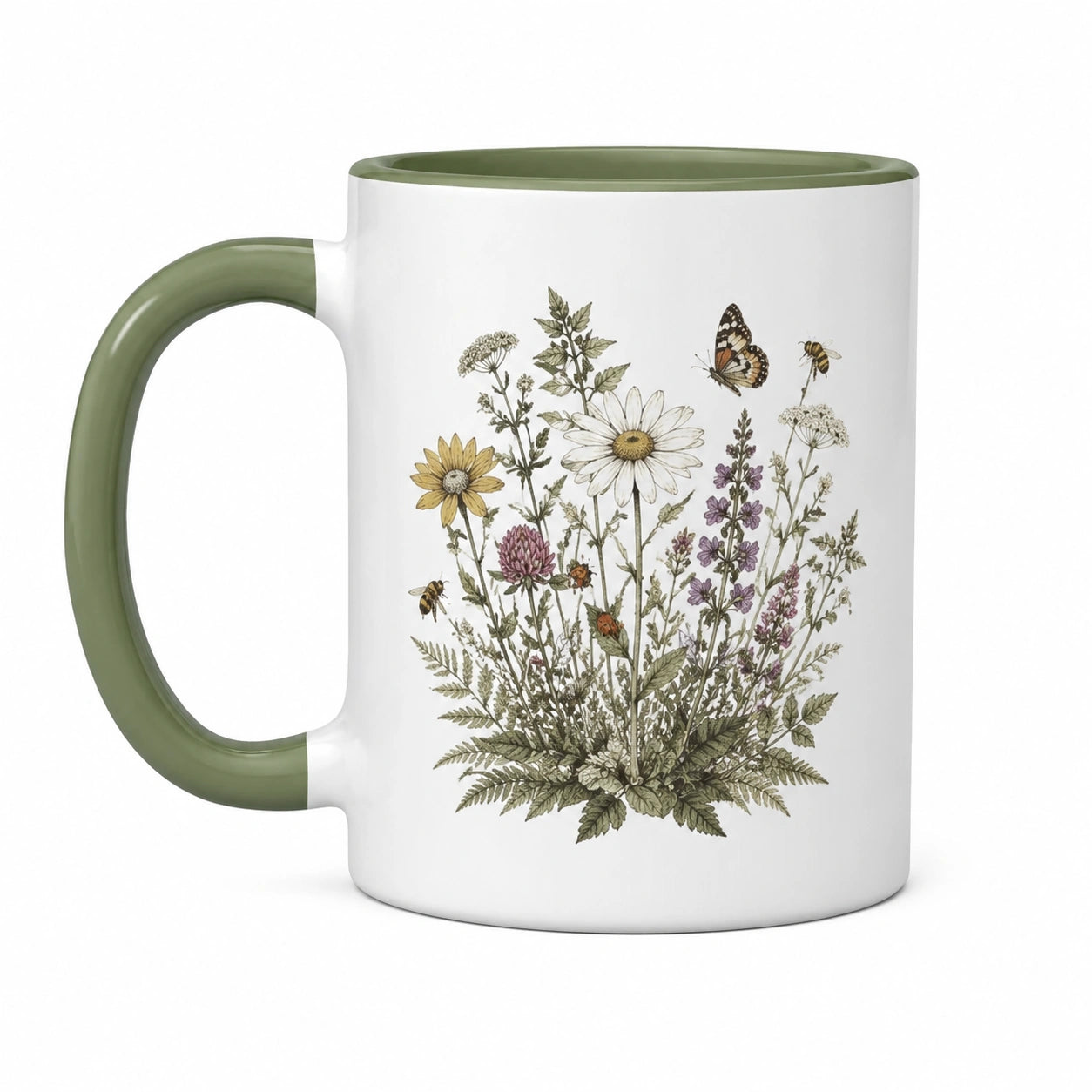 Keramiktasse 450 ml Weiß Grün mit Wildblumenmotiv für Heißgetränke