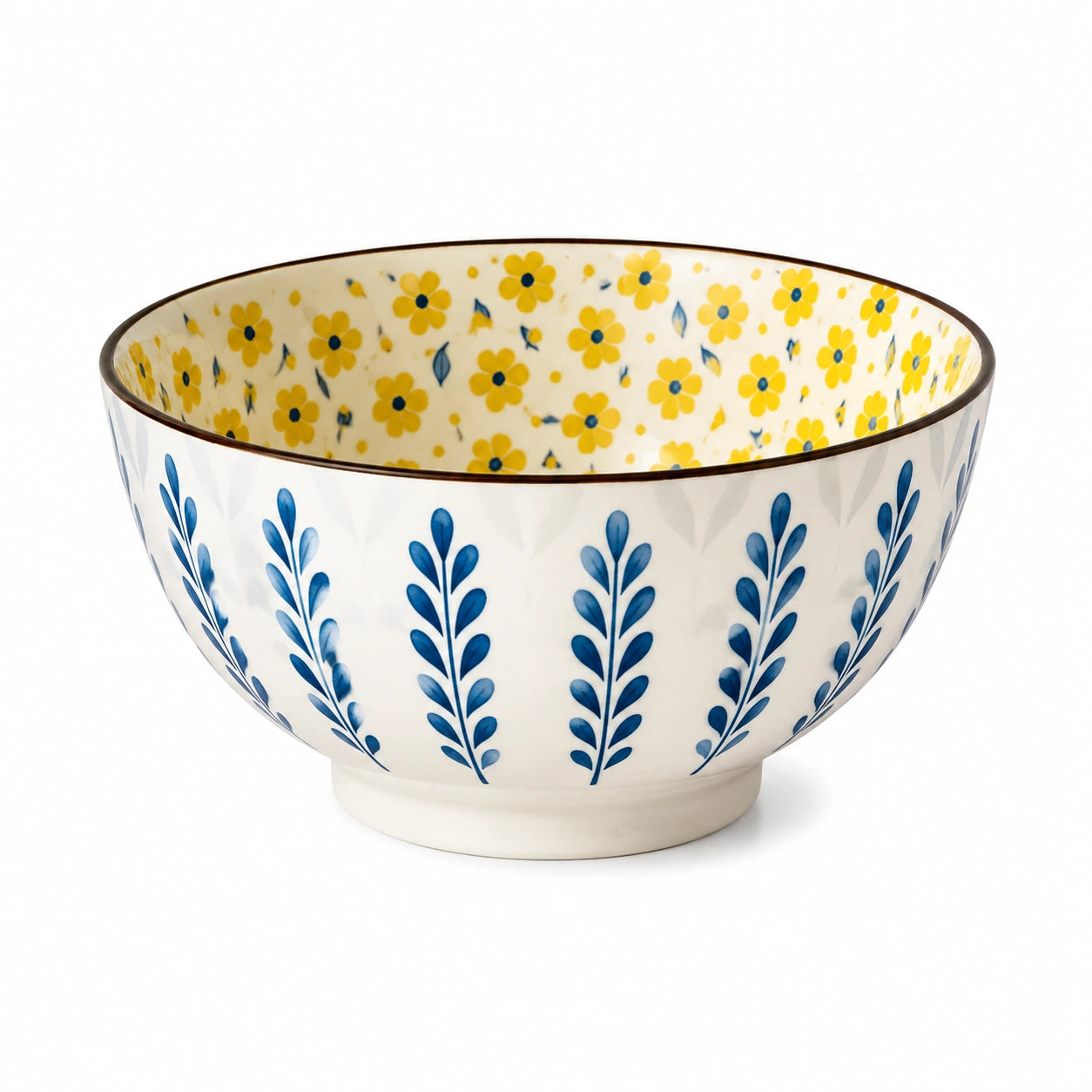 Keramikschüssel 20 cm Cremeweiß Blau Gelb mit Blumenmuster für Speisen