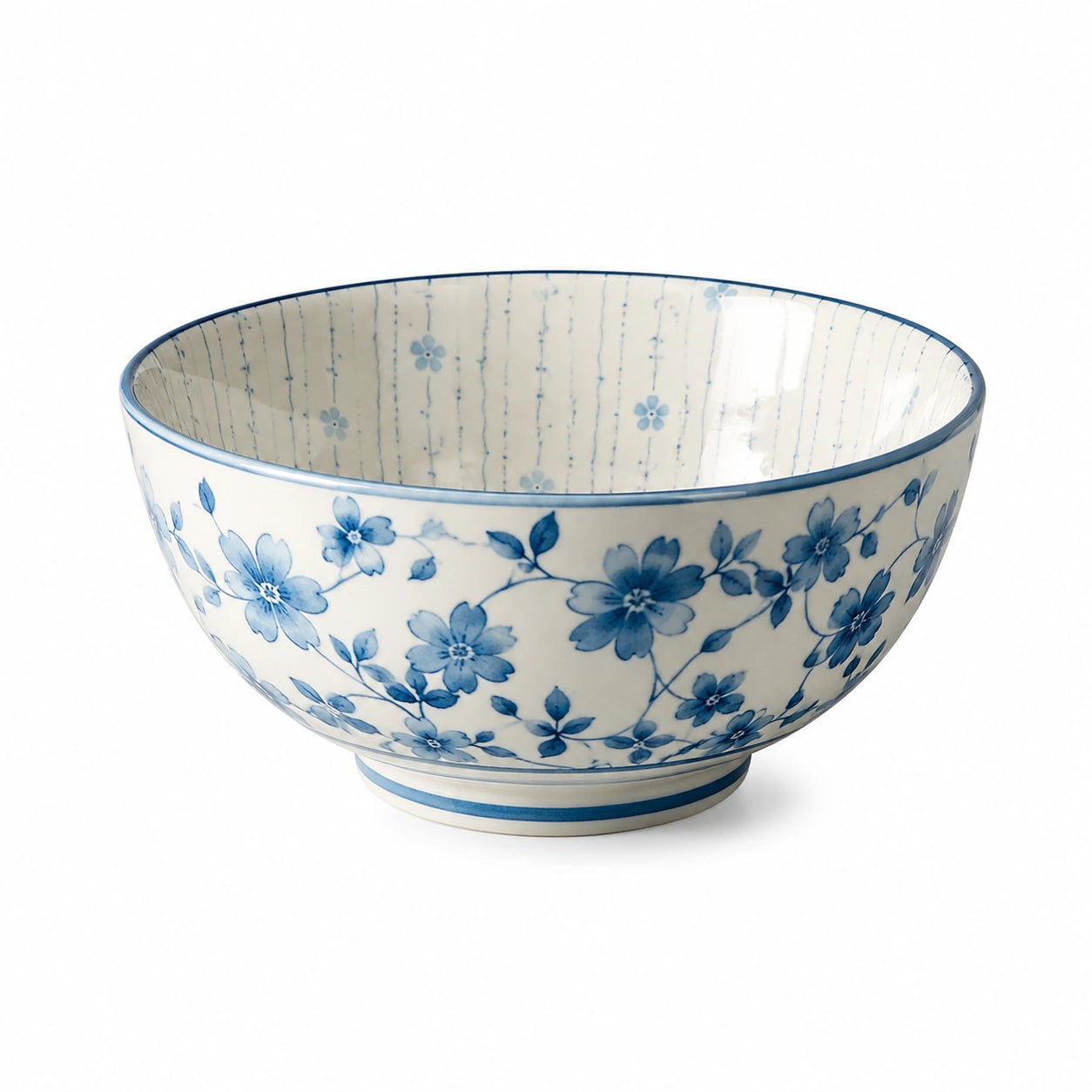 Keramikschüssel 20 cm Blau Weiß mit Blumenmuster - glasierte Servierschüssel