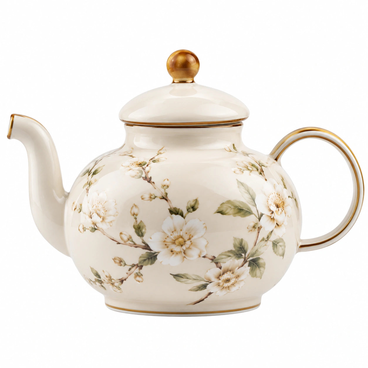 Porzellan Teekanne 1.20 L Cremeweiß mit Blumenmuster und Goldrand