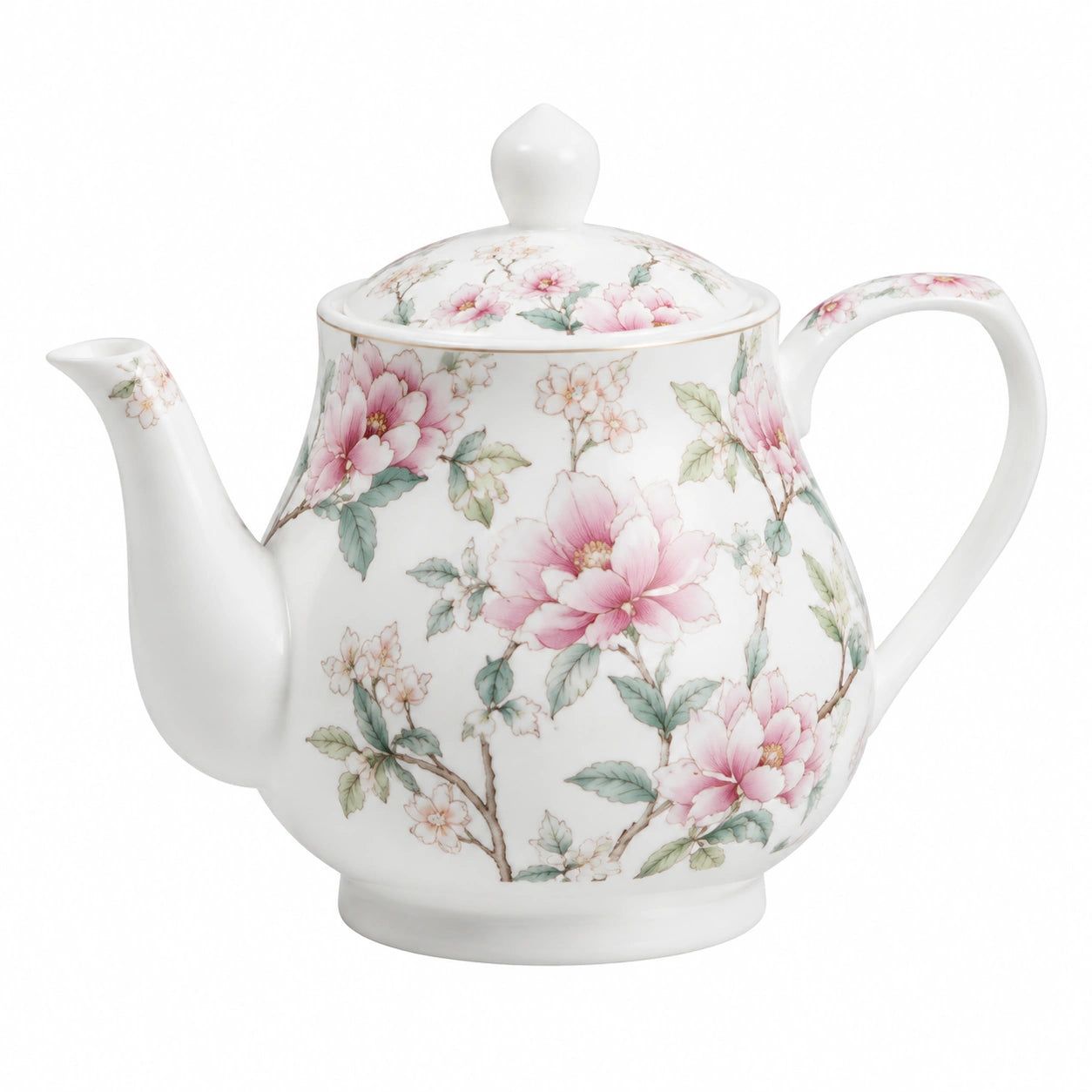Porzellan-Teekanne 1.00 L Weiß Rosa Grün mit Blumendekor und Deckel