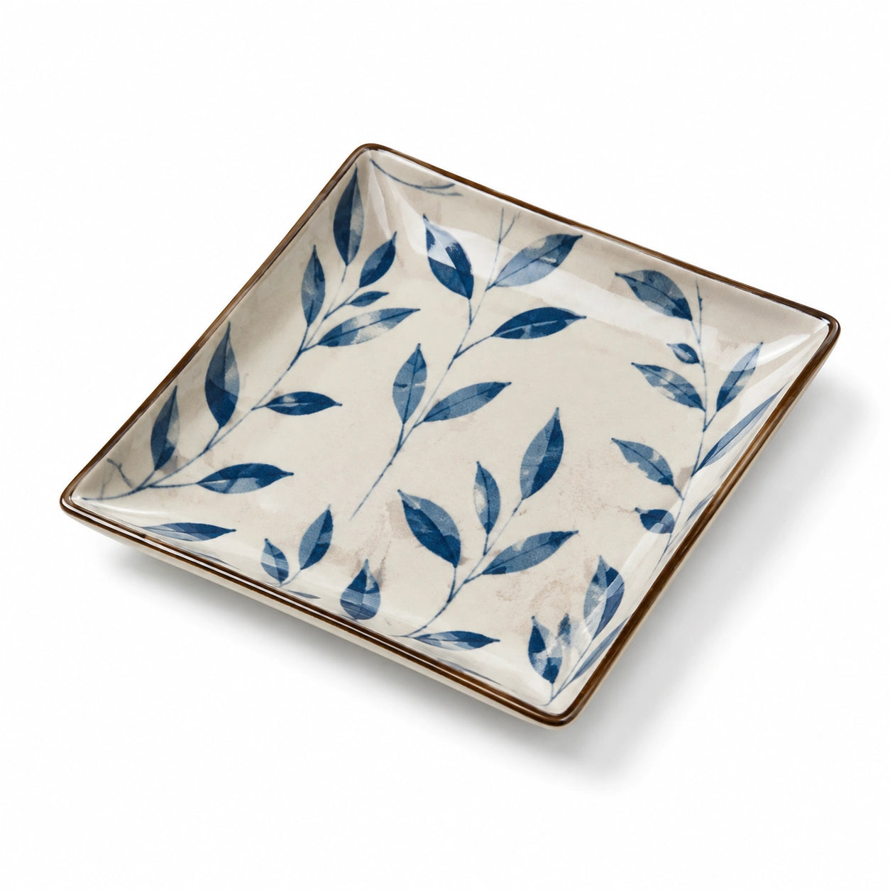 Quadratischer Servierteller 25 cm Keramik Cremeblau mit Blattmuster
