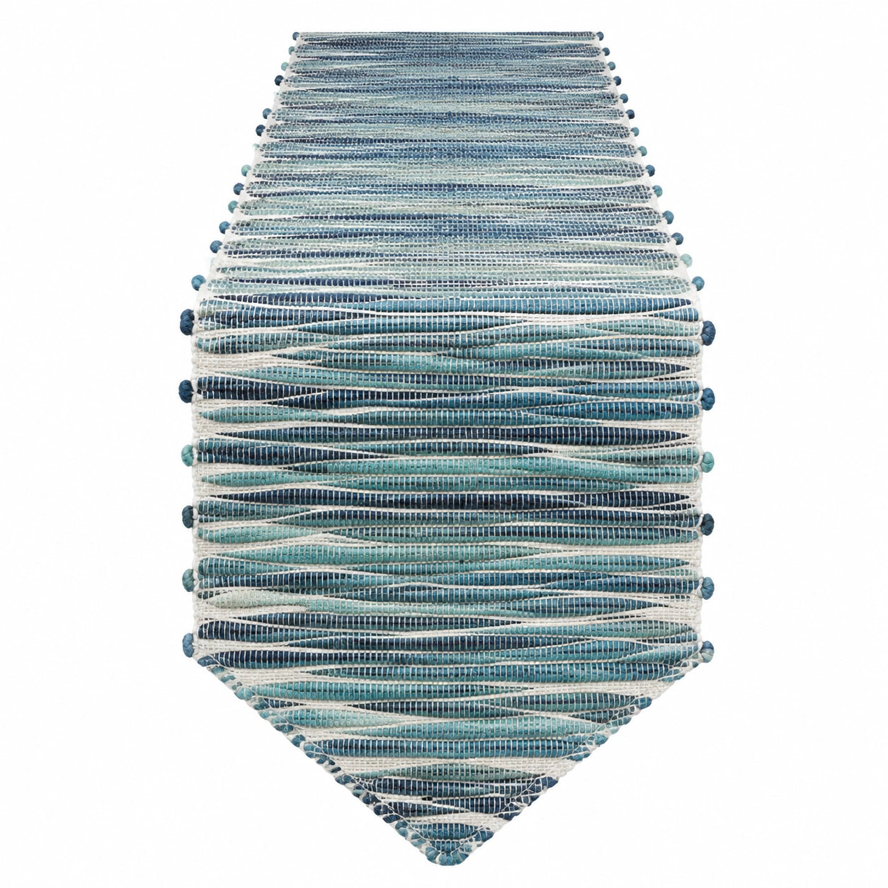 Tischläufer 180 x 35 cm aus Webtextil in Blau Weiß mit Pomponbesatz
