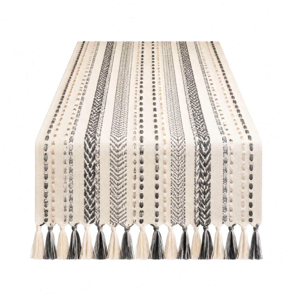 Tischläufer 180 x 33 cm aus Webstoff in Creme Grau mit Quasten im Boho-Stil